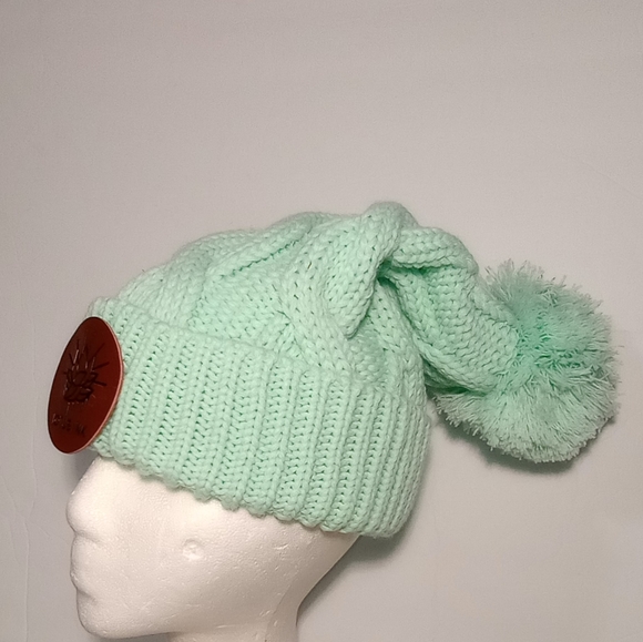 Winter Leather Patch "Lotus Ink" Chunky Cable Twist Cuff & Pom Knit Mint Beanie - Picture 4 of 7